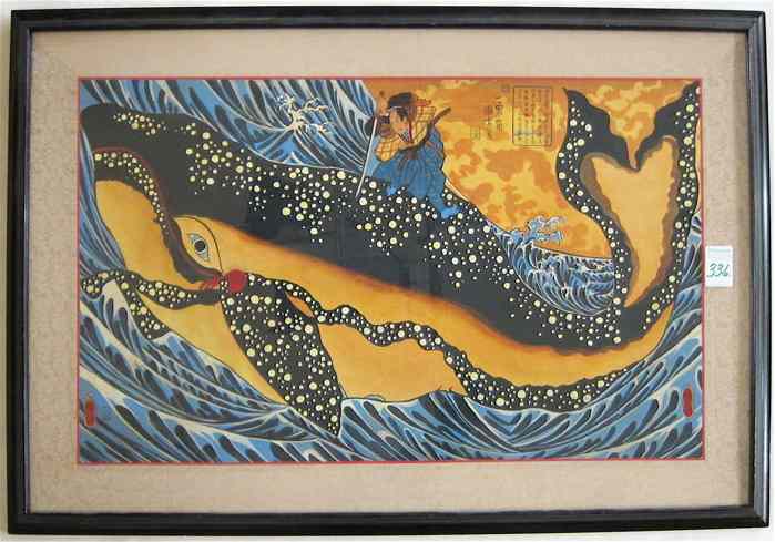 Appraisal: JAPANESE MIXED MEDIA PAINTING ON PAPER Samurai astride a whale