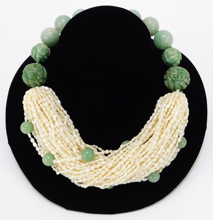 Appraisal: CHINESE QING JADEITE AND SEED PEARL NECKLACE China Qing DynastyExquisite