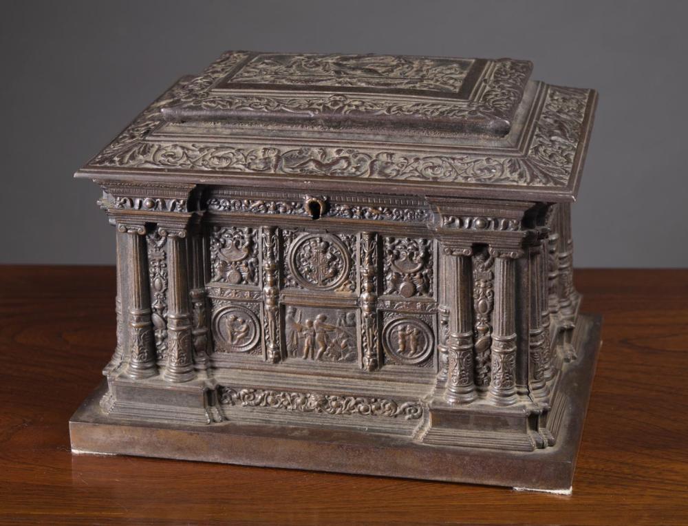 Appraisal: BRONZED CAST IRON DESKTOP BOX depicting an architectural building with