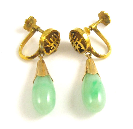 Appraisal: PAIR OF CHINESE JADE PENDANT EARRINGS each screw-back earring having