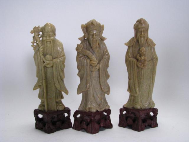 Appraisal: Three vintage carved soapstone figurines depicting Japanese wise men longevity