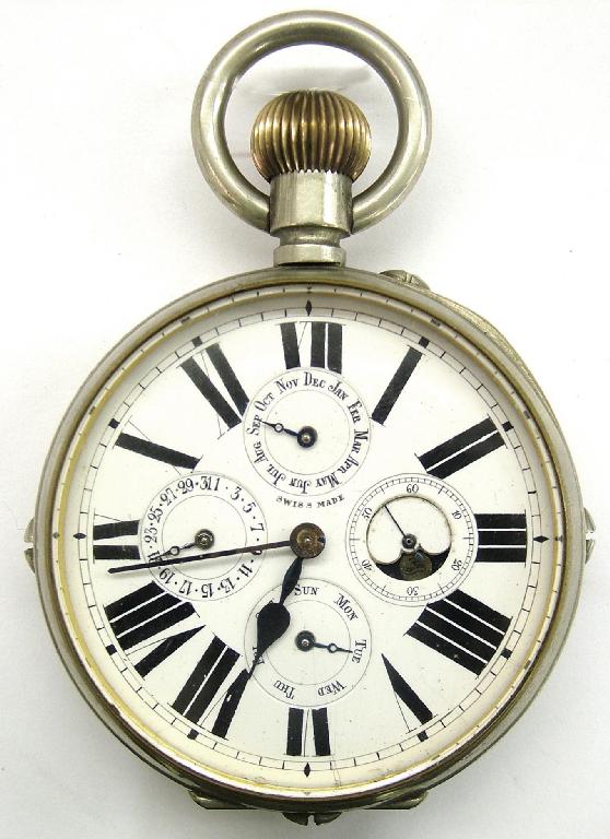 Appraisal: Swiss nickel cased Goliath calendar pocket watch the dial with