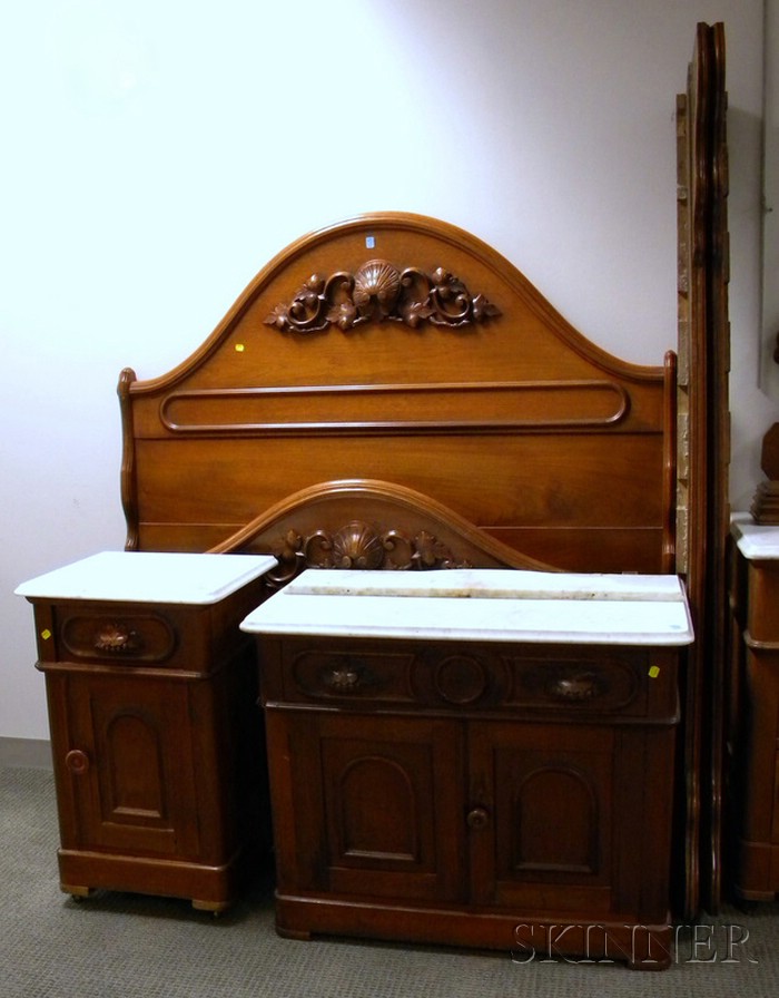 Appraisal: Victorian Carved Walnut Bed Marble-top Commode and Bedside Cabinet bed