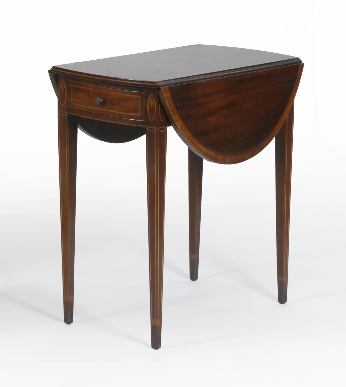 Appraisal: HEPPLEWHITE-STYLE DROP-LEAF TABLE in mahogany With satinwood banding floral inlay