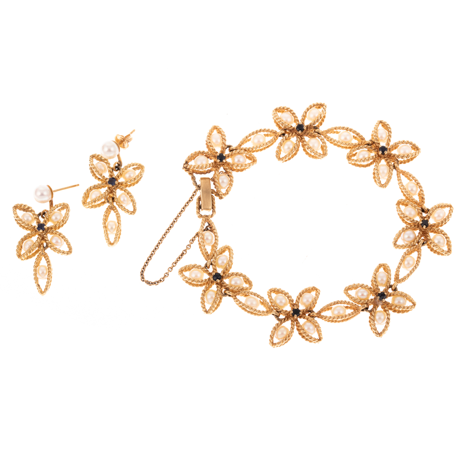 Appraisal: FLORAL PEARL SAPPHIRE BRACELET EARRINGS IN K K yellow gold