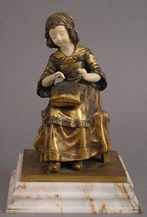 Appraisal: CH MONGINOT SEATED GIRL TATTING Gilt bronze with ivory face