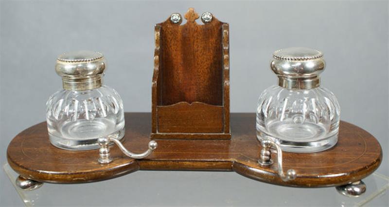 Appraisal: Mahogany desk stand with sterling silver mounts crystal ink bottles