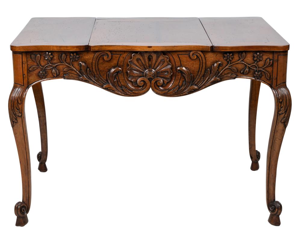 Appraisal: LOUIS XV PROVINCIAL FRUITWOOD POUDREUSEthe serpentine top with three hinged