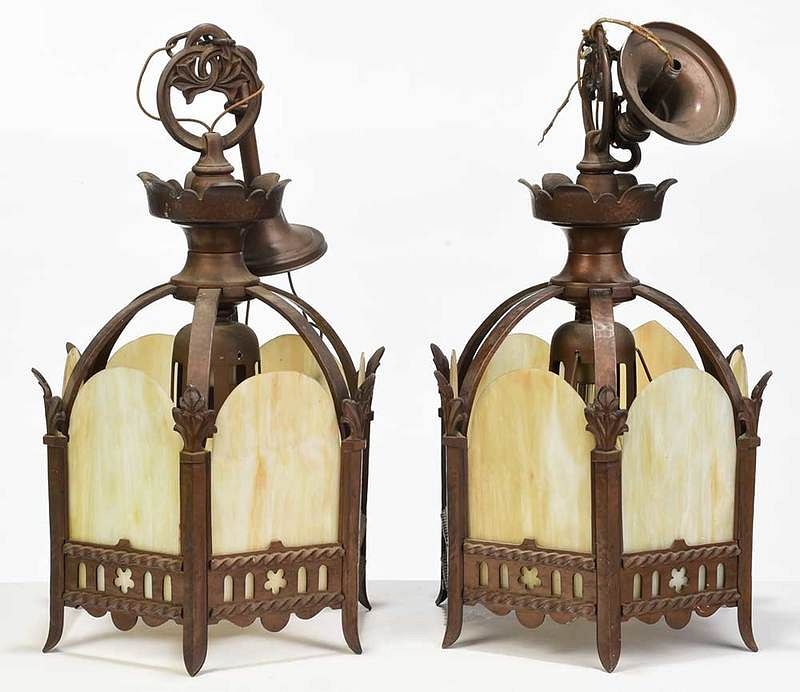 Appraisal: Pair of Gothic Style Slag Glass Hall Lanterns American th