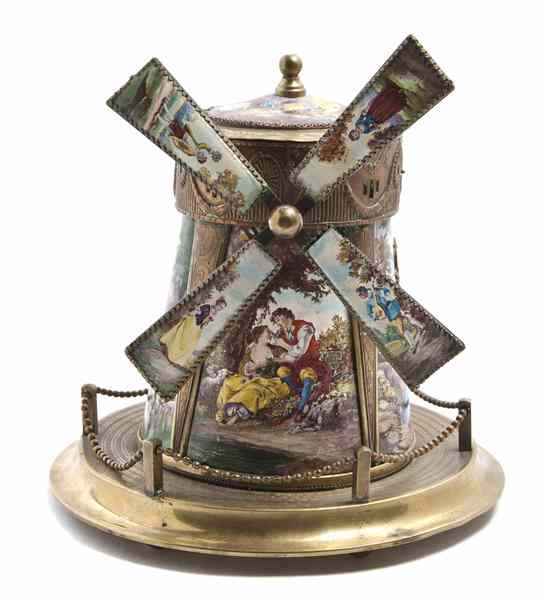 Appraisal: A Viennese Enameled Windmill Form Music Box th century the