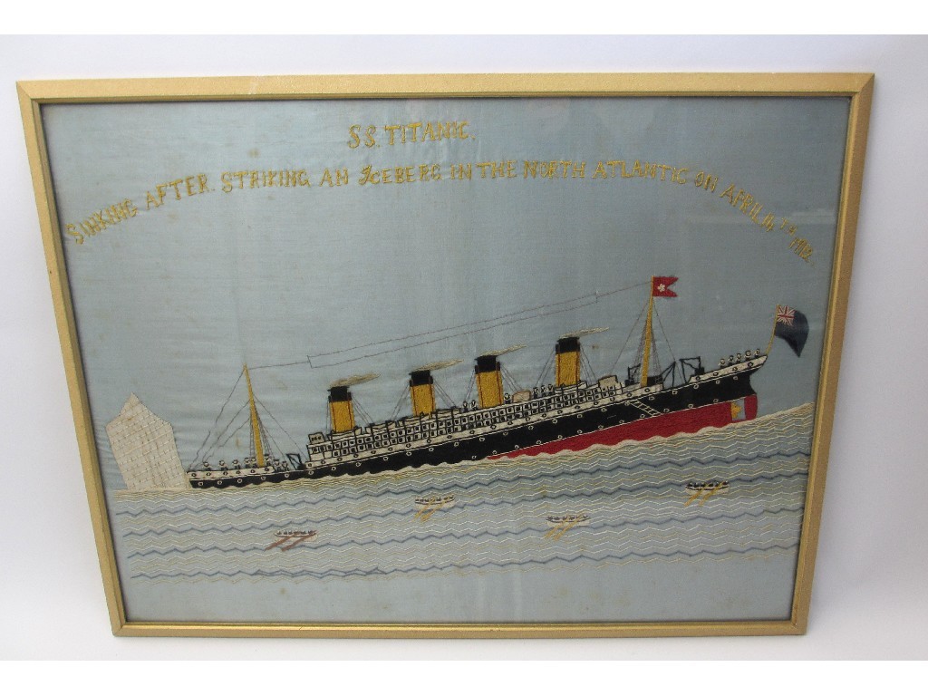 Appraisal: S S Titanic A silk embroidered panel of the ship