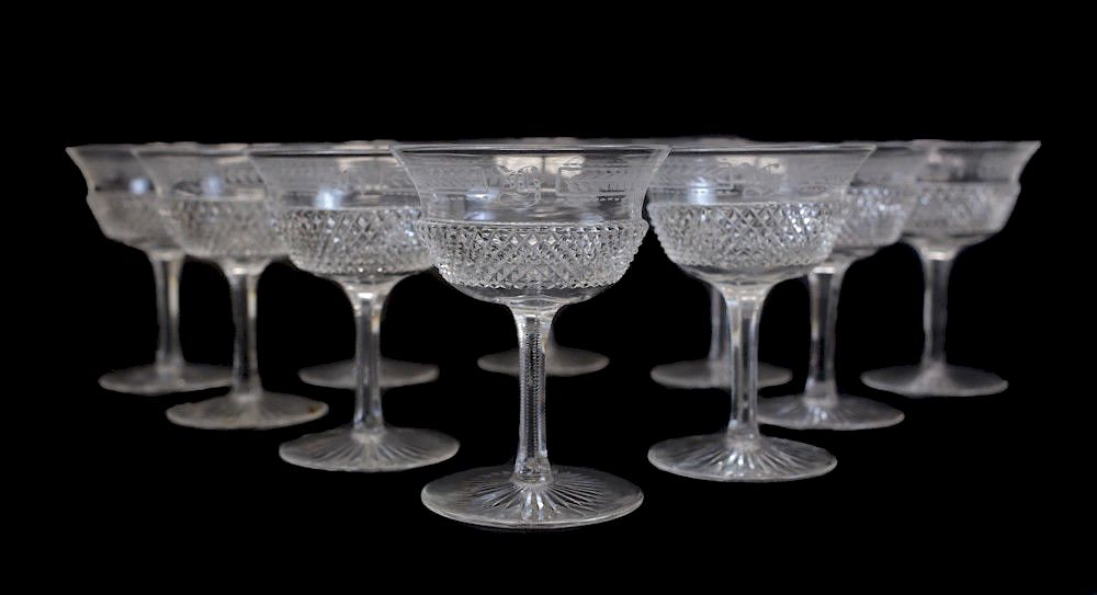 Appraisal: Edinburgh Cut Crystal Champagne Saucers Edinburgh cut crystal glass champagne