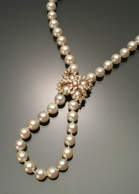 Appraisal: Opera Length -Karat Yellow-Gold Cultured Pearl and Diamond Necklace Knotted