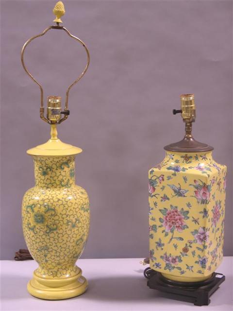 Appraisal: TWO CHINESE YELLOW GROUND LAMPS The first of baluster form