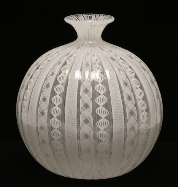 Appraisal: Murano latticino and zanfirico lattimo glass vase spherical form H