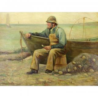 Appraisal: th C Oil Canvas of a fisherman at shore w