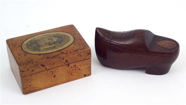 Appraisal: TREEN MINIATURE CLOG SNUFF BOX th CENTURY with sliding cover