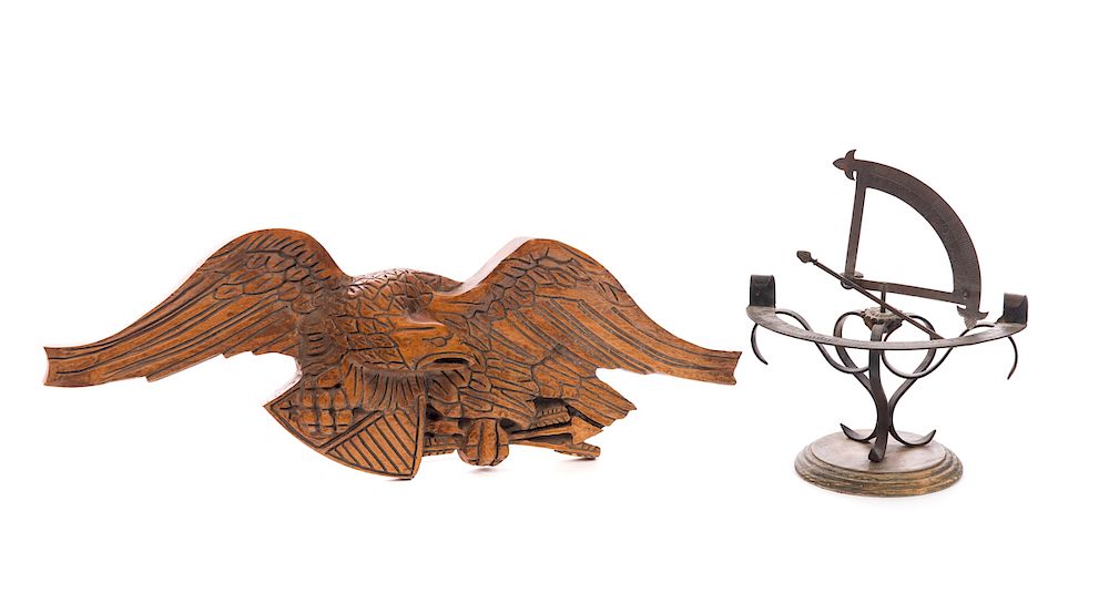 Appraisal: Carved Folk Art Eagle and Sundial Measures tall wide Good