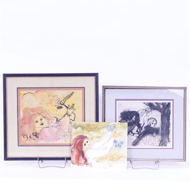 Appraisal: Three Joni Johnson watercolors Woman with Butterflies Scene of People