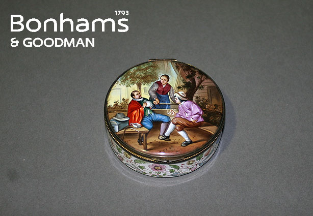 Appraisal: A circular enamelled box the cover decorated with a scene