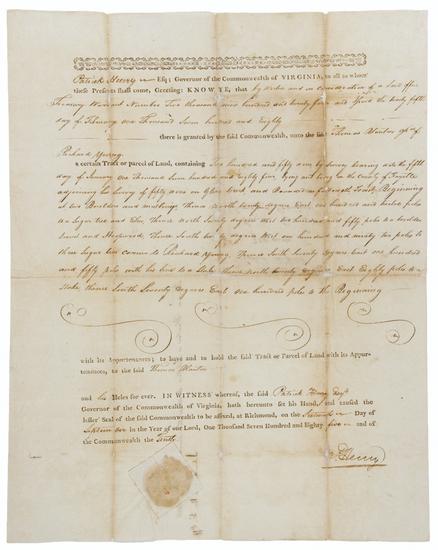 Appraisal: HENRY Patrick - Partly-printed document signed P Henry granting Thomas