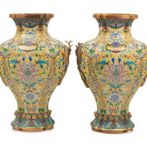 Appraisal: A Pair of Chinese Yellow Ground Cloisonn Enamel Vases TH