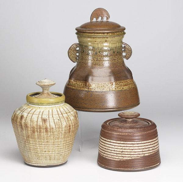 Appraisal: VAL CUSHING Three stoneware covered jars One dated Each signed