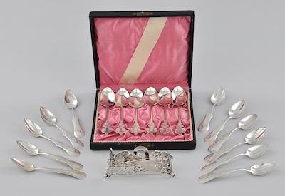 Appraisal: A Group of Sterling Silver Spoons and Place Card Holder