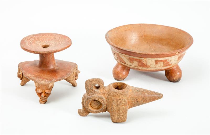 Appraisal: THREE PRE-COLUMBIAN ARTIFACTS Comprising a Mayan pottery tripod bowl a