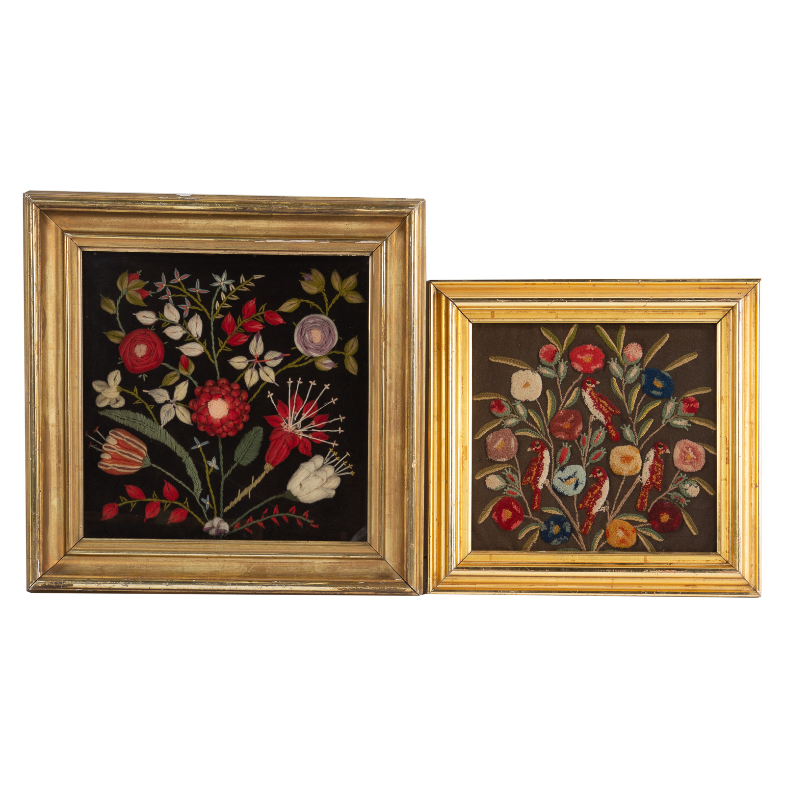 Appraisal: AMERICAN TH CENTURY PAIR FLORAL EMBROIDERIES Two floral stumpwork embroidery