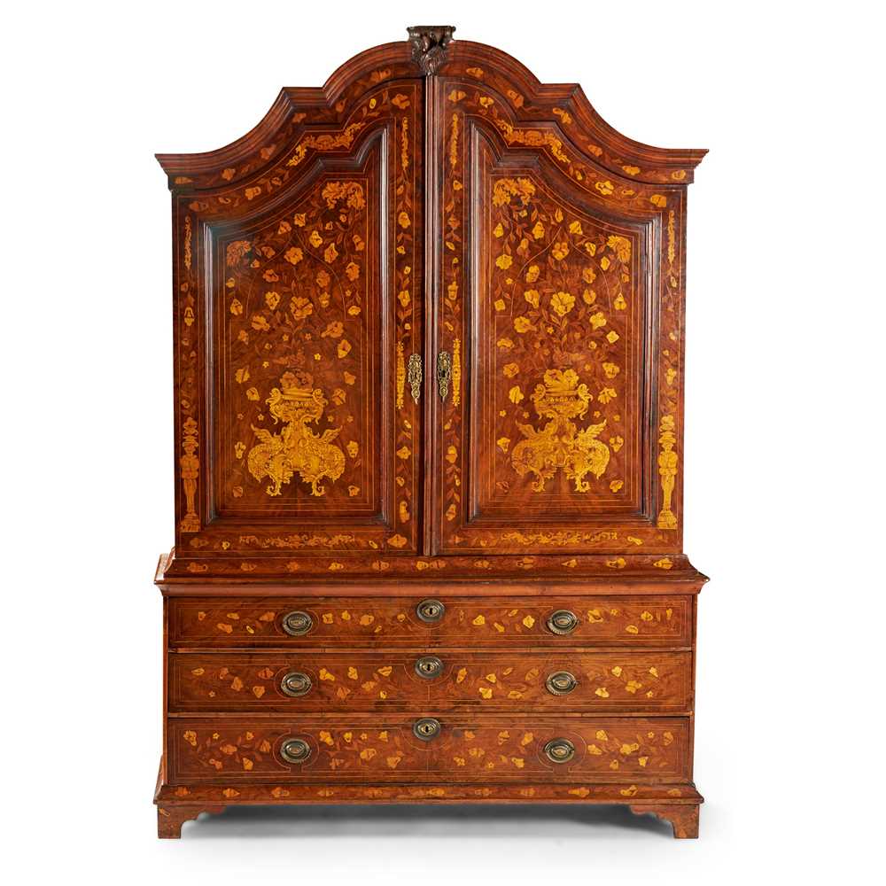 Appraisal: DUTCH FLORAL MARQUETRY CABINET-ON-CHEST EARLY TH CENTURY the moulded arched