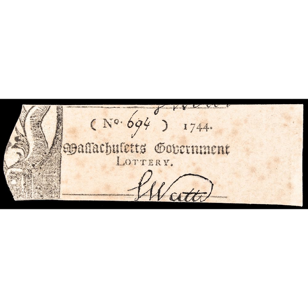 Appraisal: Massachusetts Government Lottery Ticket - The Very First American Lottery