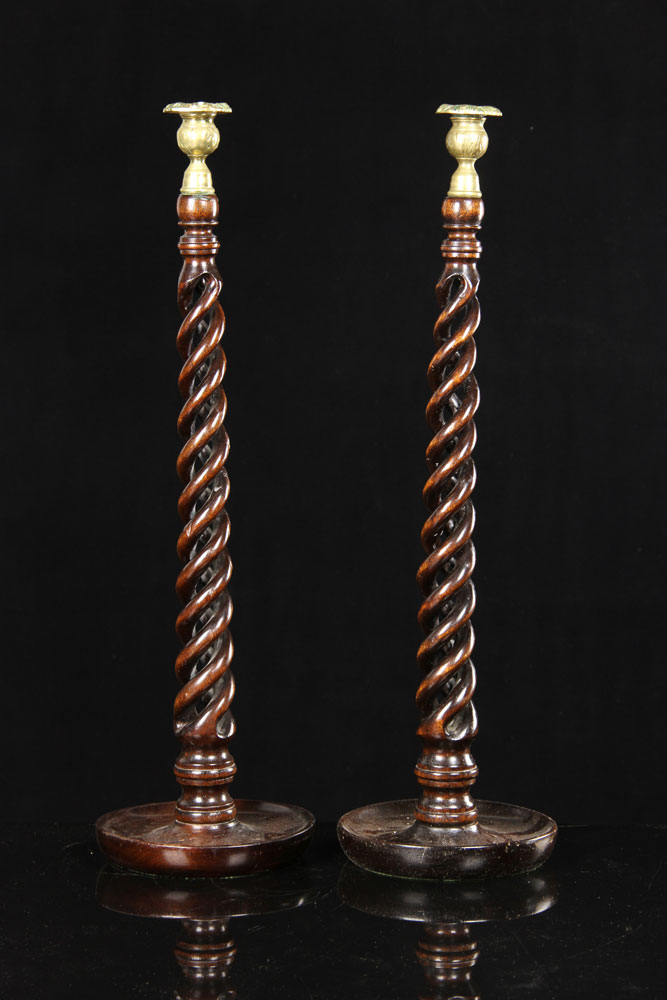 Appraisal: - Pr Rope Turned Mahogany Candlesticks Pair of rope turned