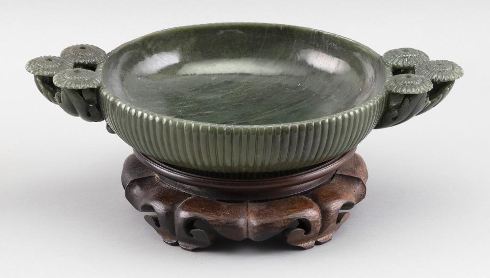 Appraisal: CHINESE CARVED GREEN HARDSTONE BOWL TH CENTURY BOWL HEIGHT LENGTH