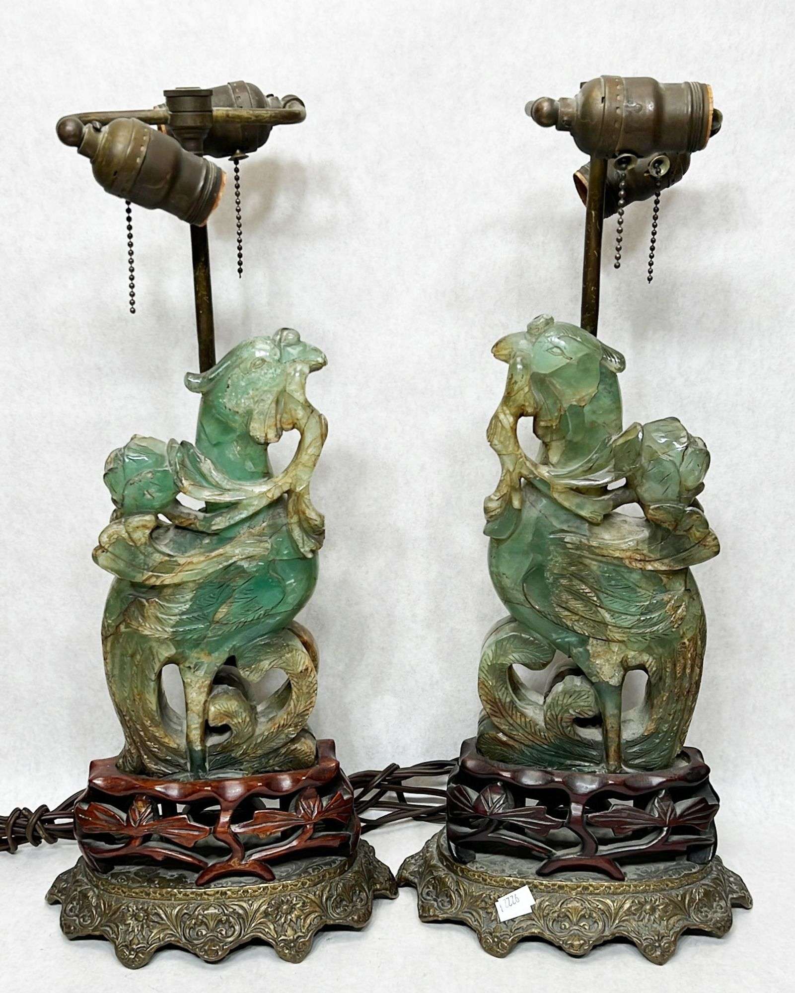 Appraisal: Pair Chinese Carved Fluorite Lamps tall Condition chips crack and