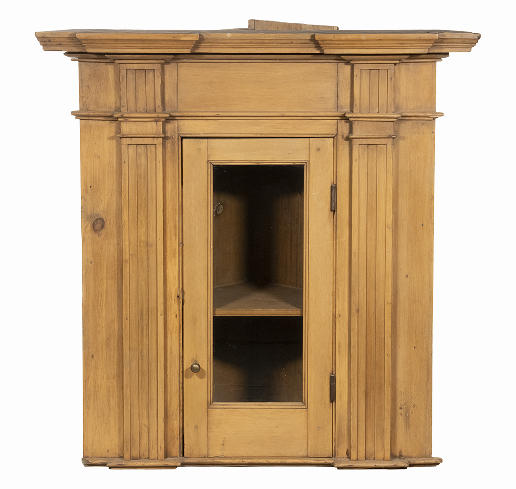 Appraisal: IRISH WALL-HANGING CORNER CUPBOARD Scrubbed Pine Tea Cupboard with deep