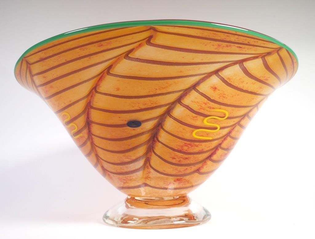 Appraisal: Large Flo Garcia art glass footed bowl Pink green and