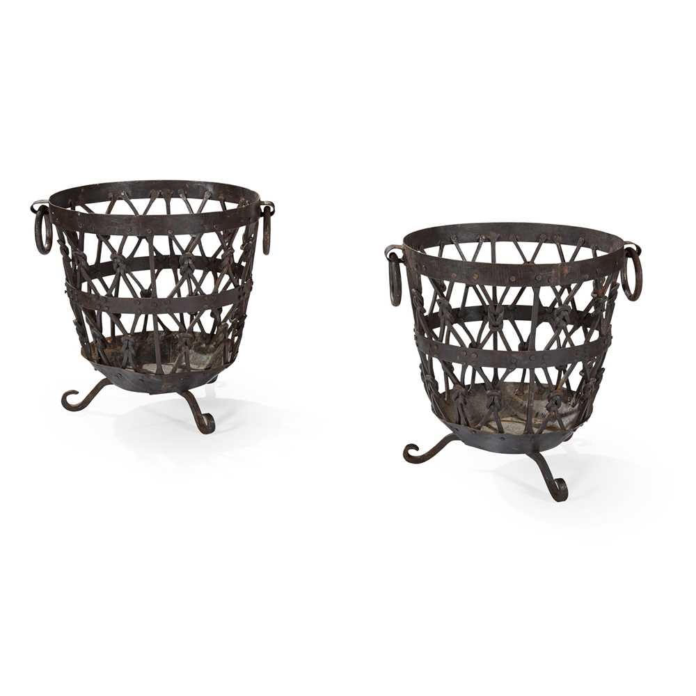 Appraisal: PAIR OF WROUGHT IRON BRAZIERS with open-work sides and ring