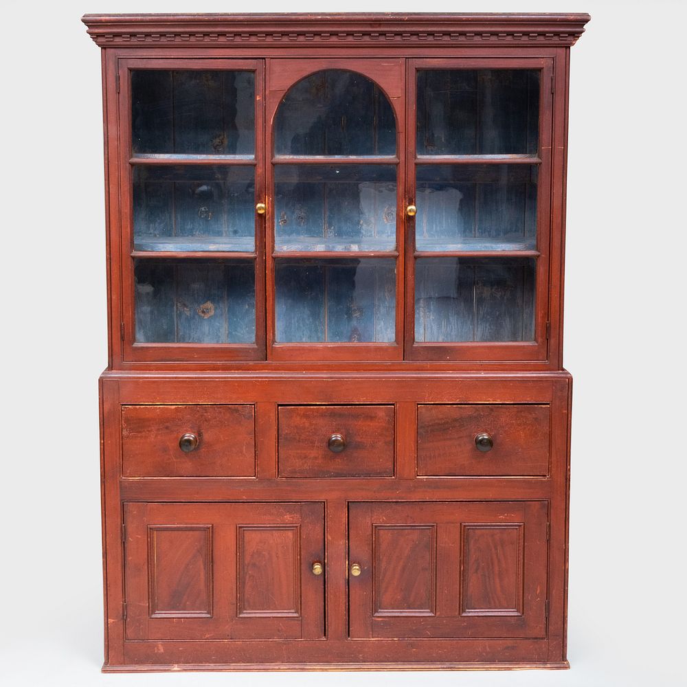 Appraisal: American Red Painted and Faux Grained Cabinet In two parts