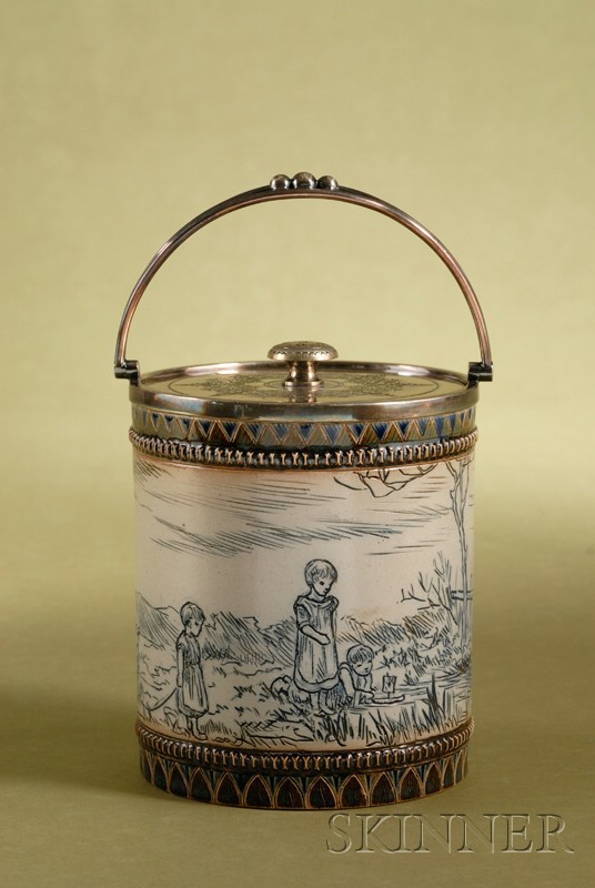 Appraisal: Doulton Lambeth Salt-glaze and Silver Plate Mounted Biscuit Barrel dated