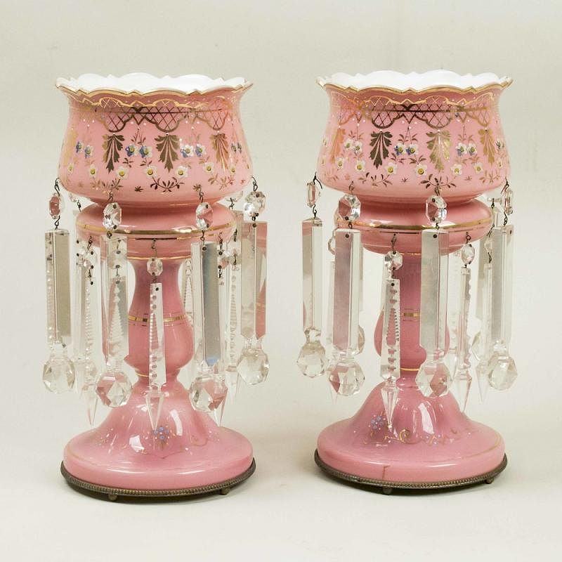 Appraisal: Pink Enameled Glass Lusters Pair of pink enameled raised paste