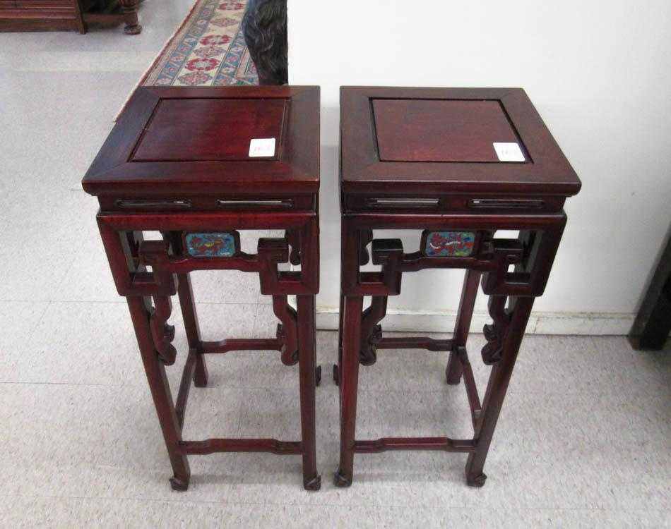 Appraisal: A PAIR OF CLOISONNE-INSET ROSEWOOD PEDESTAL TABLES Chinese th century