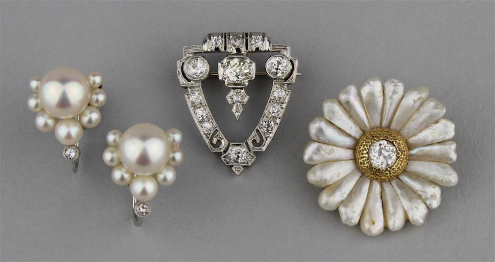 Appraisal: EDWARDIAN PLATINUM AND DIAMOND PIN PLATINUM AND PEARL EARRINGS AND