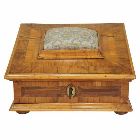 Appraisal: A Continental Parquetry Fruitwood Slope-Lid Embroidery Box circa likely German