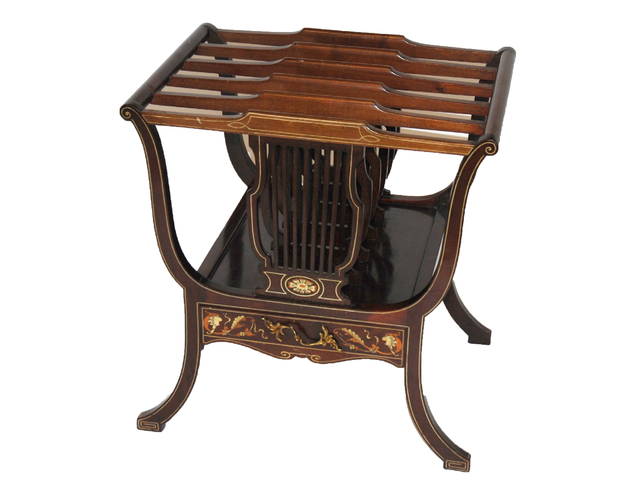 Appraisal: An Edwardian mahogany ivory and fruitwood inlaid Canterburywith five lyre