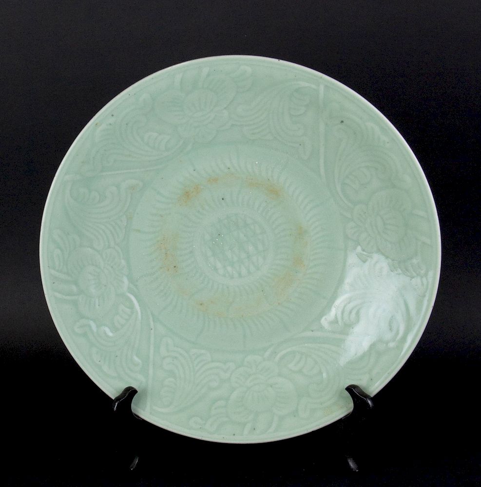 Appraisal: An Incised Celadon Glazed Charger Chinese Incised with geometric and