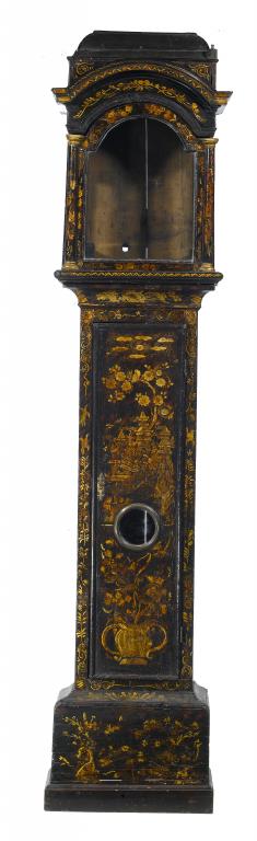 Appraisal: A GEORGE II JAPANNED LONGCASE CLOCK-CASE the hood with break-arched