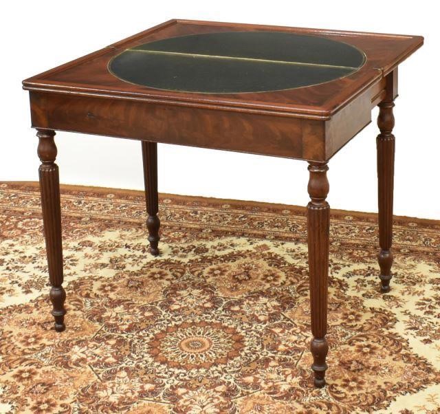 Appraisal: English Sheraton style mahogany games card table th c flip