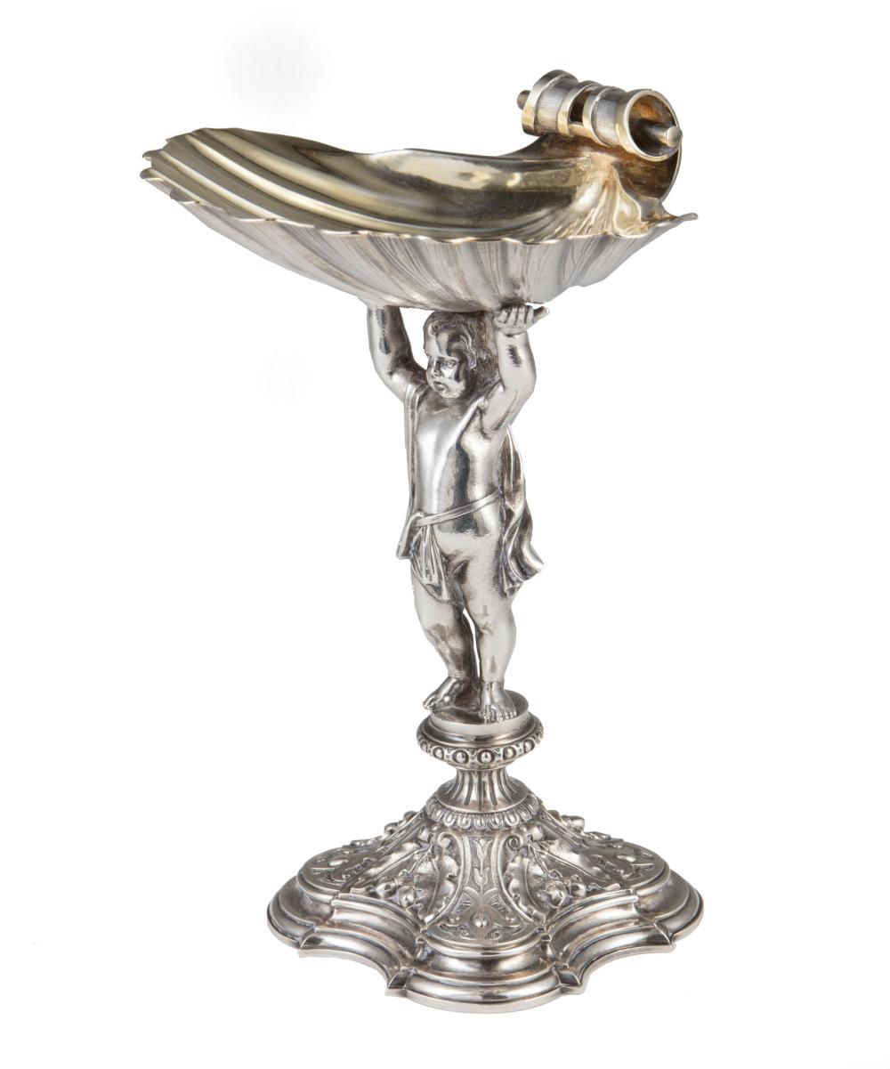 Appraisal: Antique Continental Silver Figural Compote unmarked coquiform bowl putto standard