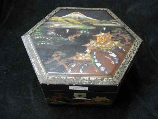 Appraisal: Japanese Lacquerware Jewelry or Sewing Box hexagon abalone inlay village